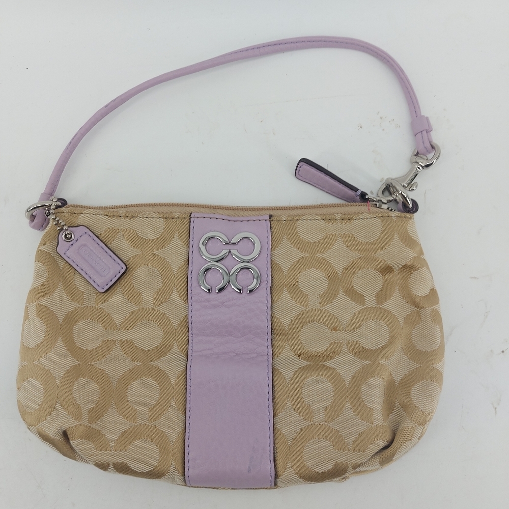 Coach Signature Oversized Wristlet Beige with Purple Trim